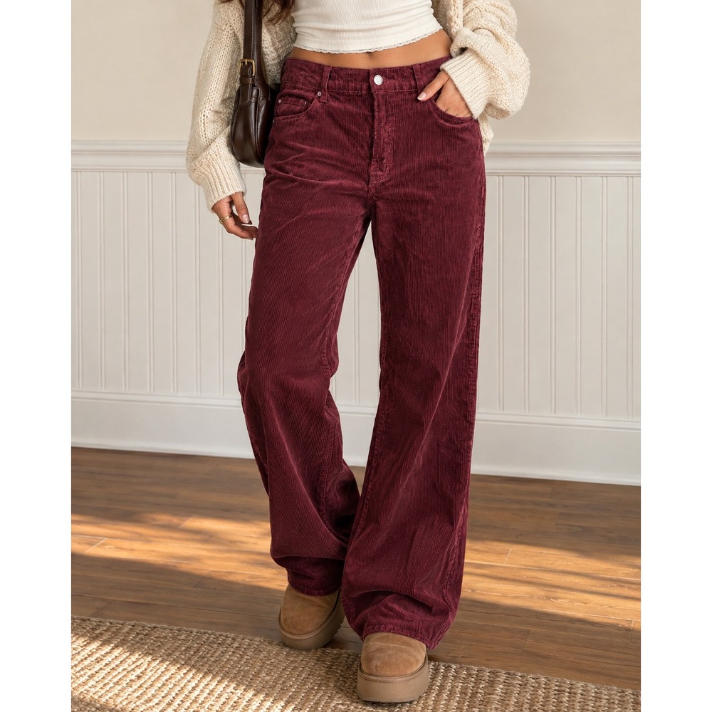 Kensie The Carla High Rise Wide Leg Corduroy Pants in Plum